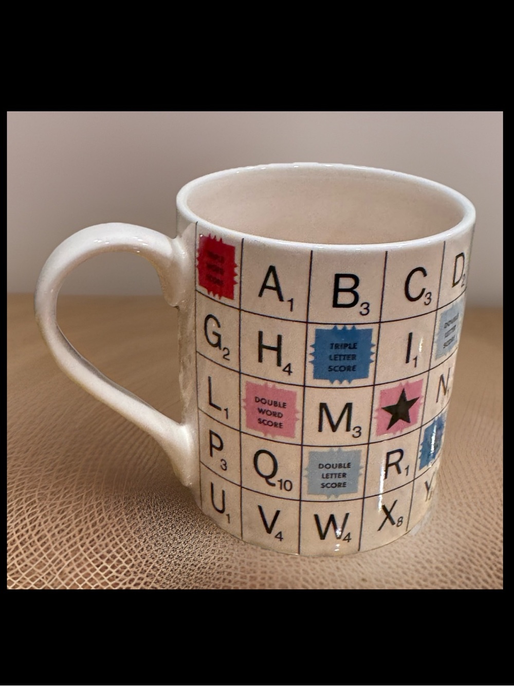 Scrabble Tile Collectors Ceramic Coffee Mug in Cream with Multicolor Accents